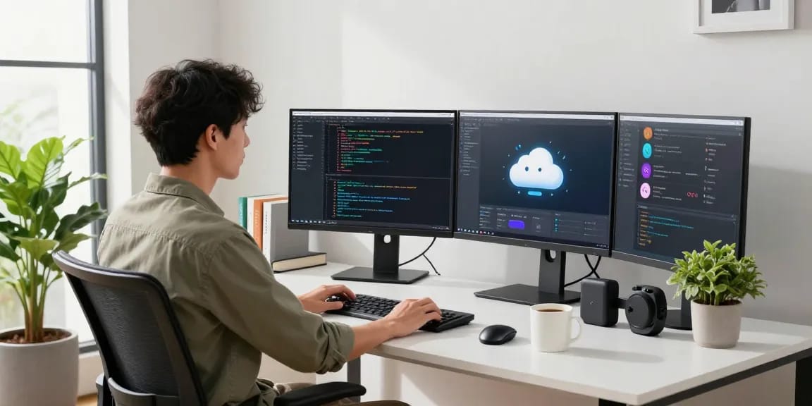 WPS Official Website showcasing modern tech workspace with developer coding on dual screens in a collaborative office.