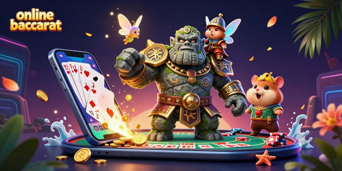 Engage with online baccarat through a vibrant 3D scene featuring a golem and fairy amidst casino elements.