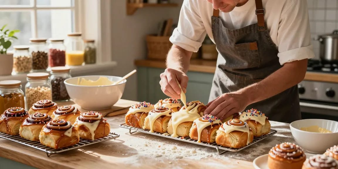 Cinnamon buns Calgary freshly decorated with cream cheese icing and caramel in a charming bakery.