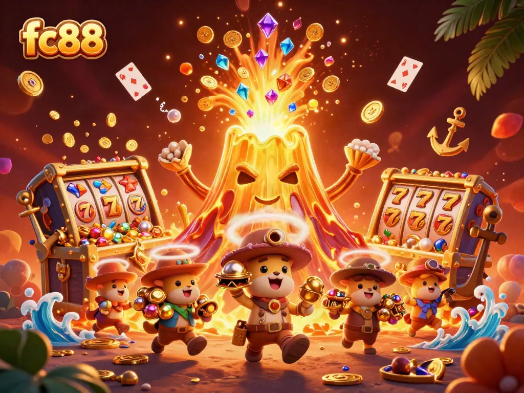Experience the excitement of fc88 with a golden volcano erupting coins and gems in a vibrant casino scene.