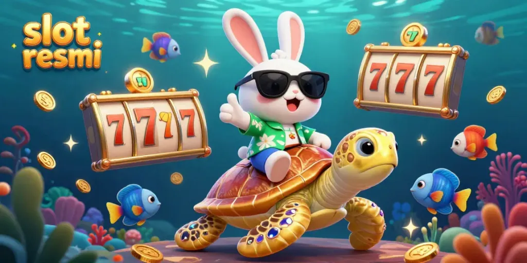 Experience the excitement of slot resmi with a lucky rabbit and golden sea turtle in this vibrant 3D illustration.