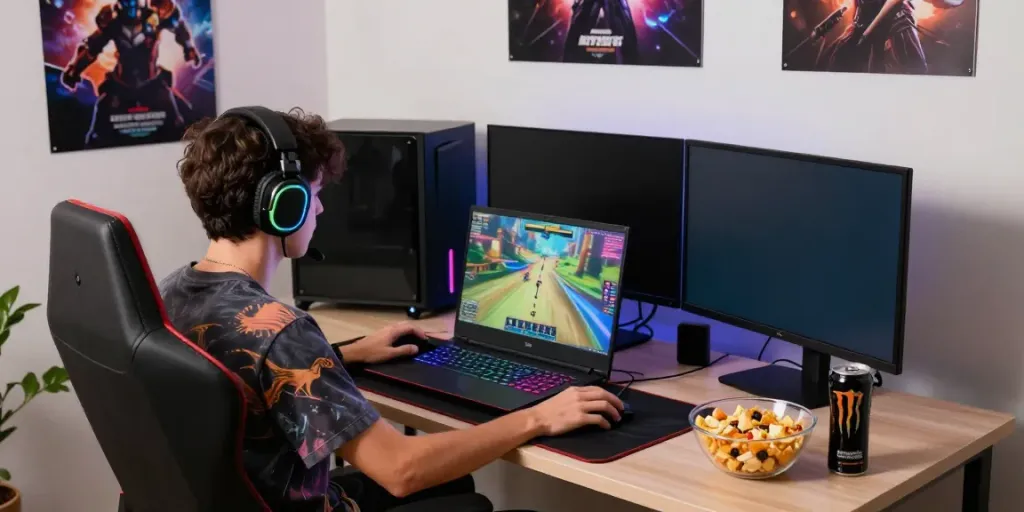 Engaged gamer focused on rokok88 apk setup during an intense gaming session.