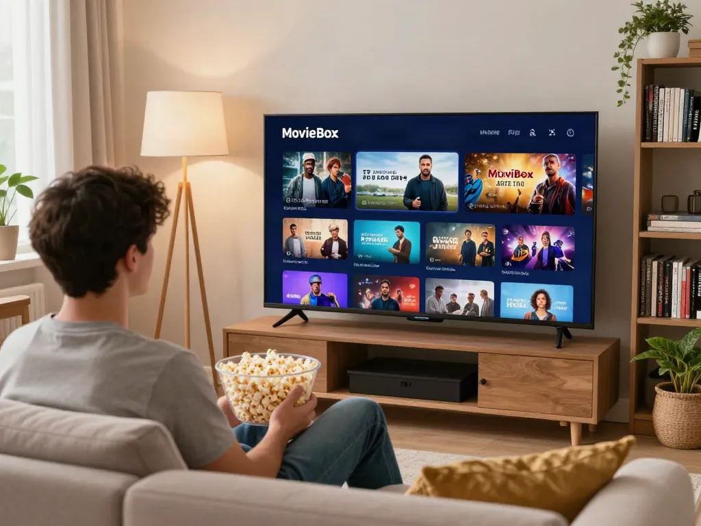 Enjoying free streaming content on MovieBox in a cozy living room