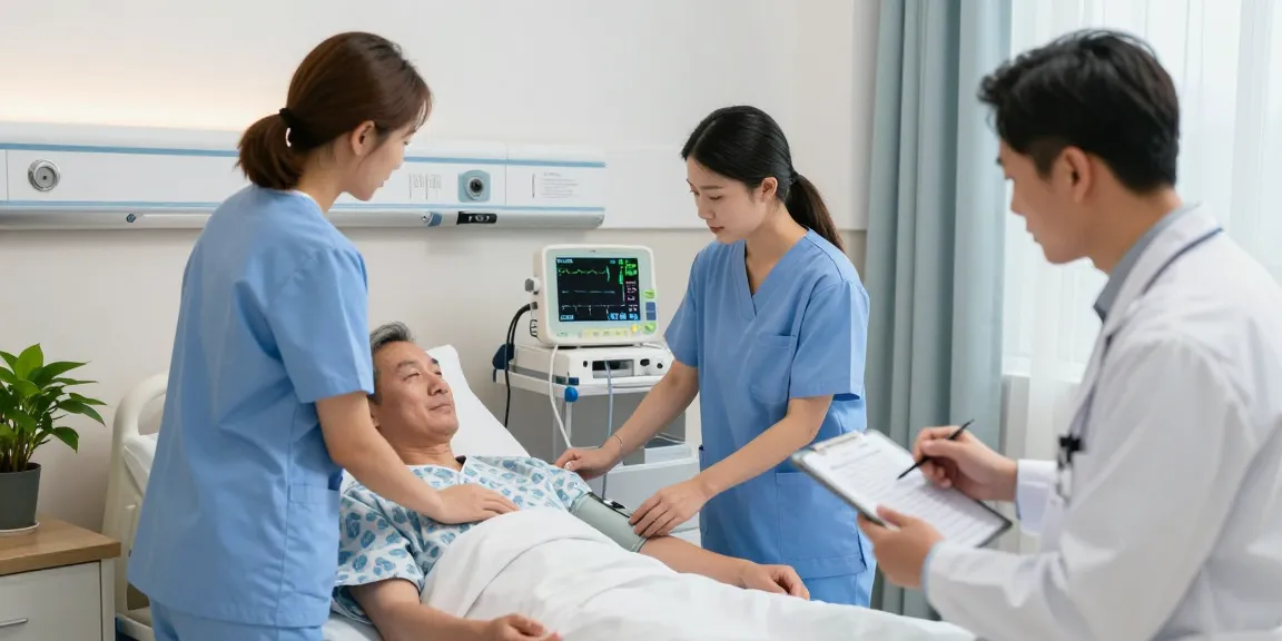 Vital signs monitor in use by healthcare professionals in a caring hospital environment