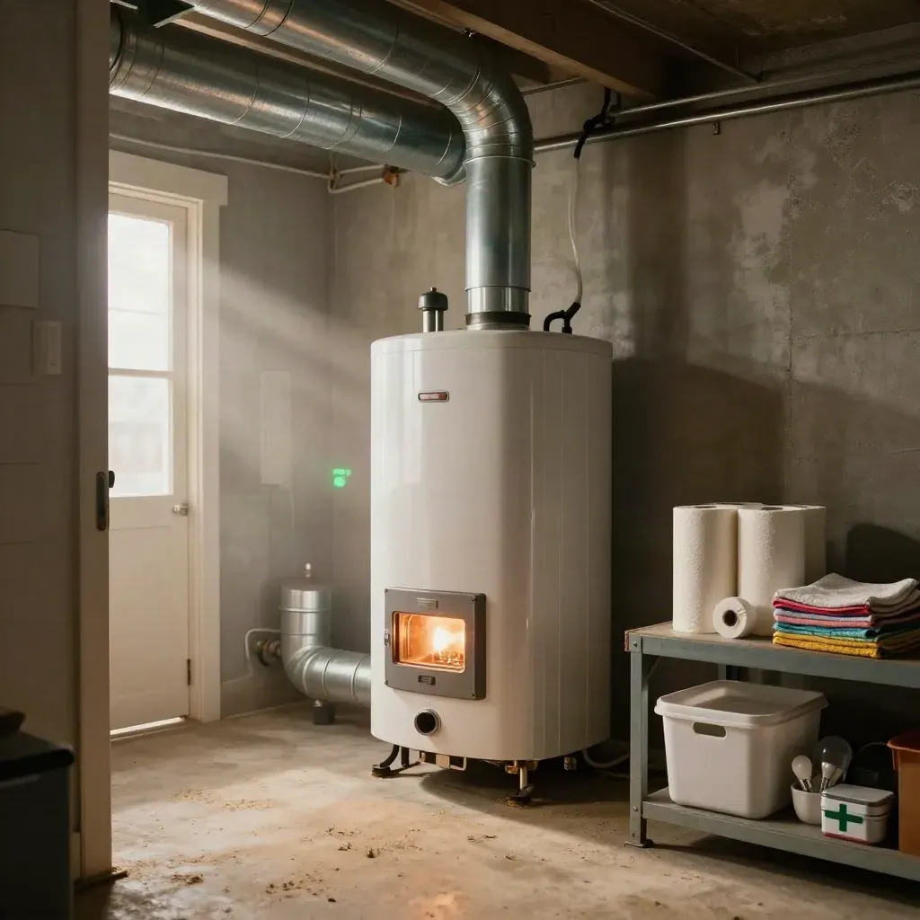 Lit furnace and humming water heater in a bright basement utility room with tidy shelves