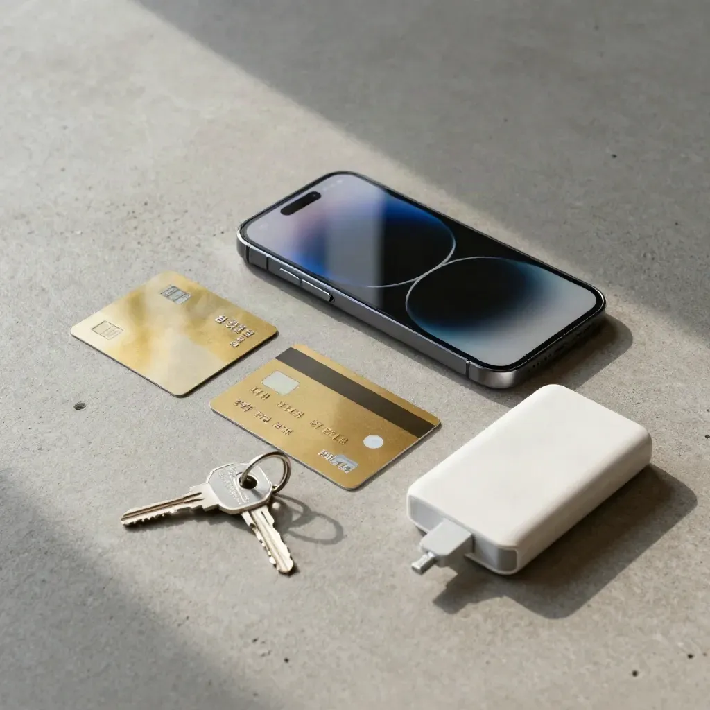 Face-down smartphone, debit card, house key and wireless charger on concrete with soft daylight.