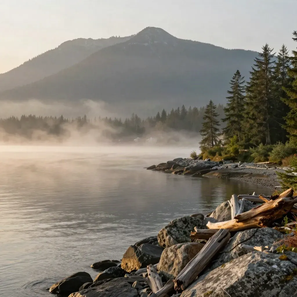 Misty British Columbia harbor with Vancouver mountains and calm water at sunrise.