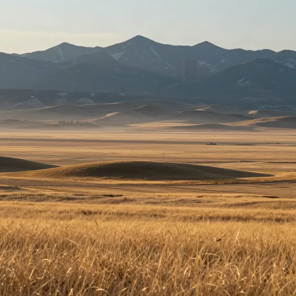 Golden Alberta prairie with Calgary and the Rockies in warm haze