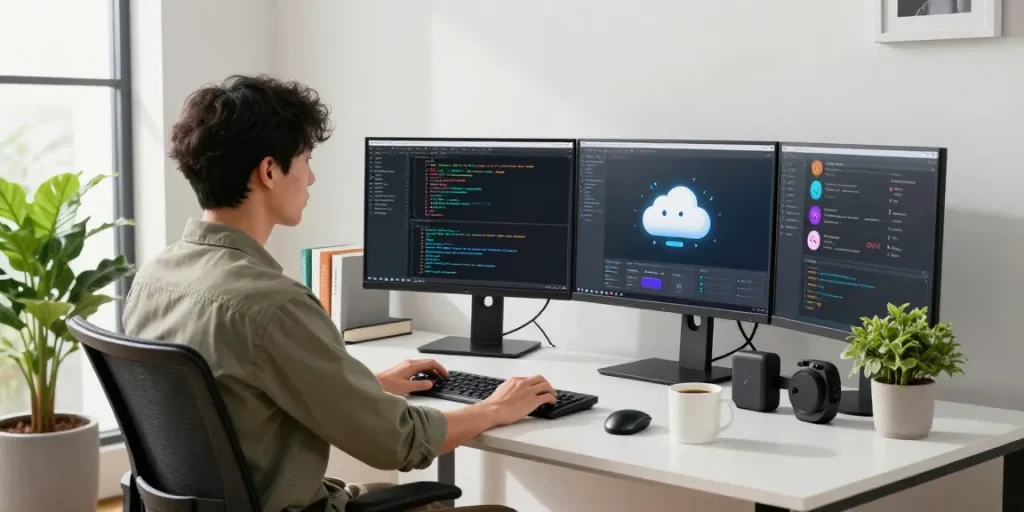 WPS Official Website showcasing modern tech workspace with developer coding on dual screens in a collaborative office.